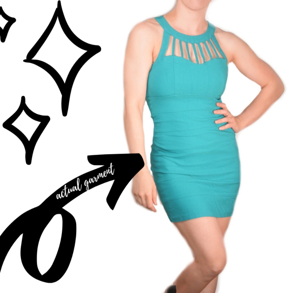 Trixxi Teal Bodycon Bandage Dress Neckline Cutout - Picture 2 of 4